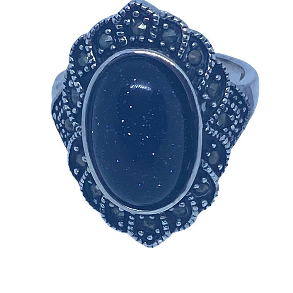 Marcasite Oval Stone Ring Size 8 Dark Blue Tibetan Sliver  Base 10x16mm‎
